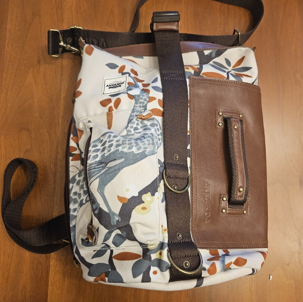 Floral Bird Canvas Backpack with Brown Leather Trim Anvanda